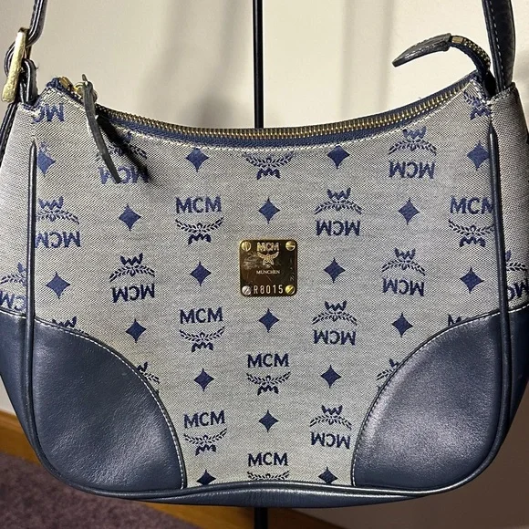 MCM Navy and Gray Monogram Shoulder Bag Leather & Denim w Dust Bag - Picture 2 of 8